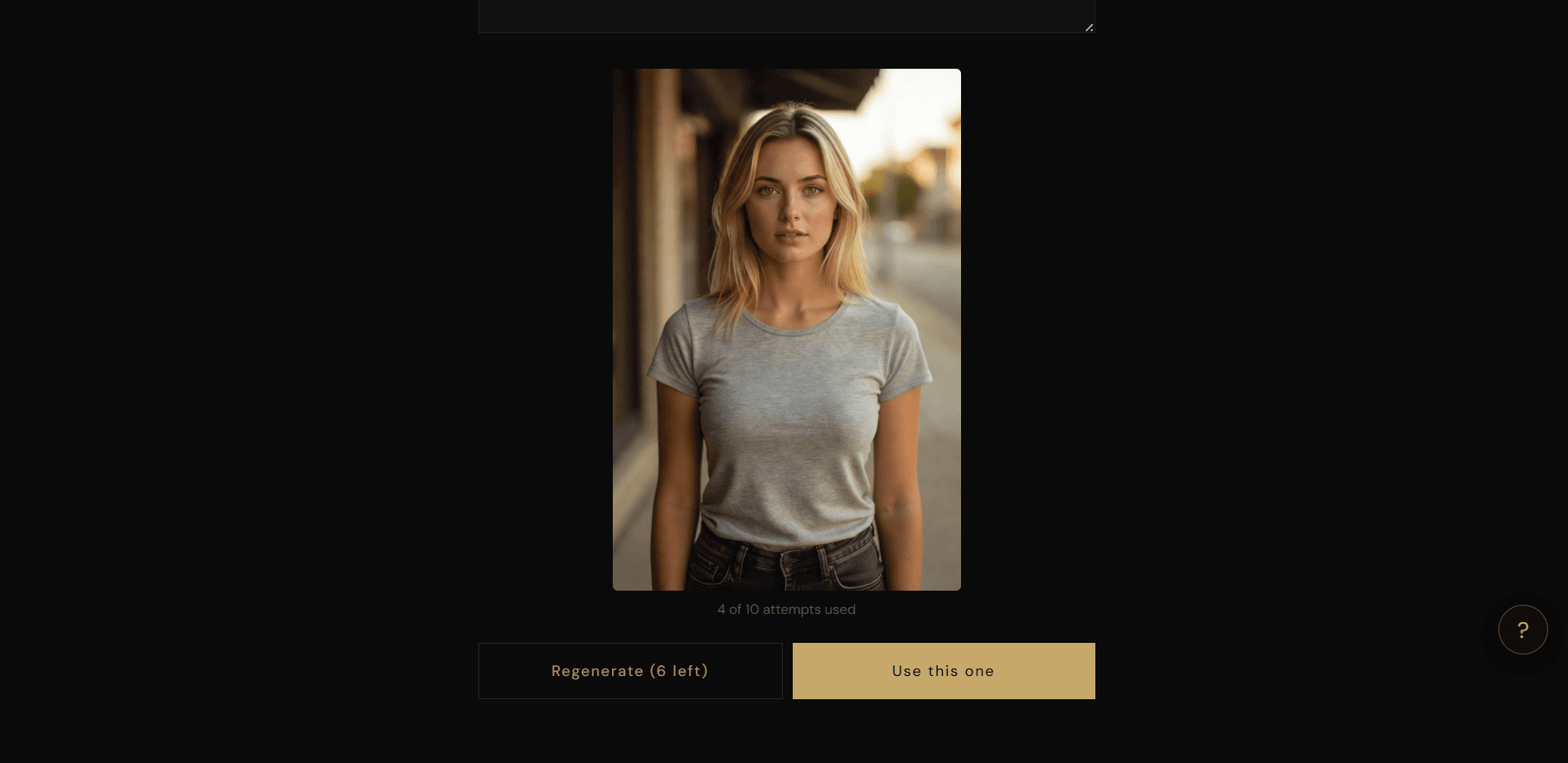 Sloane avatar generation screen: a portrait of Emma in a grey tee on a quiet LA sidewalk, with Regenerate and Use this one buttons and a 4 of 10 attempts used counter.