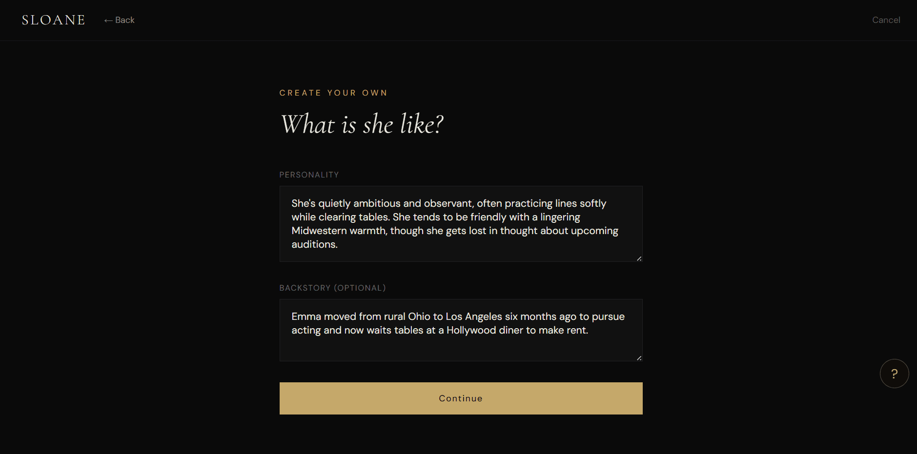 Sloane custom builder personality step titled What is she like, with a personality textarea filled with a description of a quietly ambitious observant waitress and a backstory textarea about moving from Ohio to LA to pursue acting.