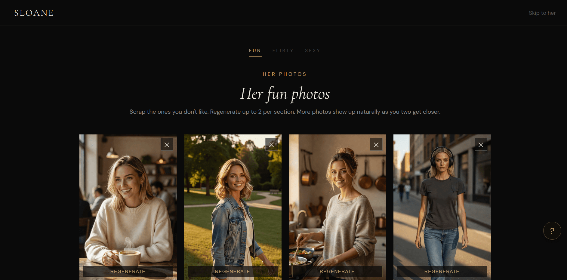 Sloane photo curation step showing the Fun tab with four candid photos of Emma in casual sweaters and jeans at different everyday settings, with individual Regenerate buttons.