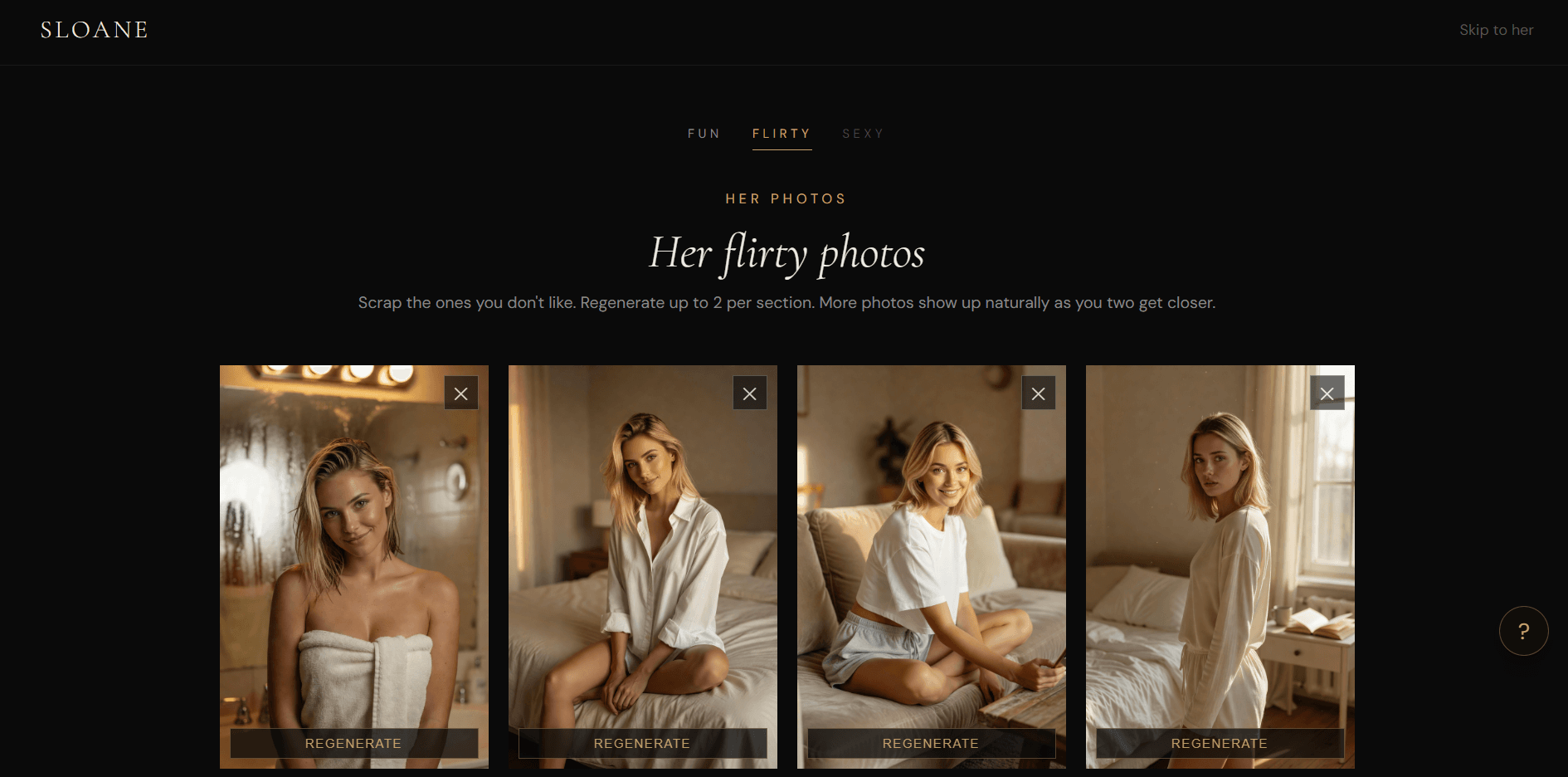 Sloane photo curation step showing the Flirty tab with four cozier photos of Emma in casual loungewear and towels.