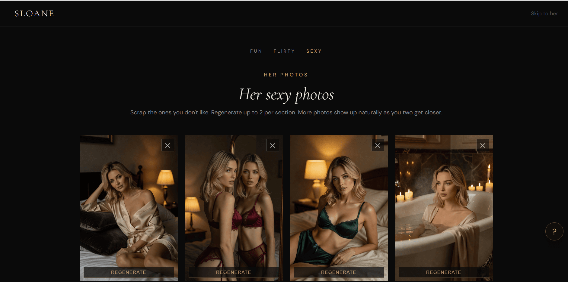 Sloane photo curation step showing the Sexy tab with four boudoir-style photos of Emma.
