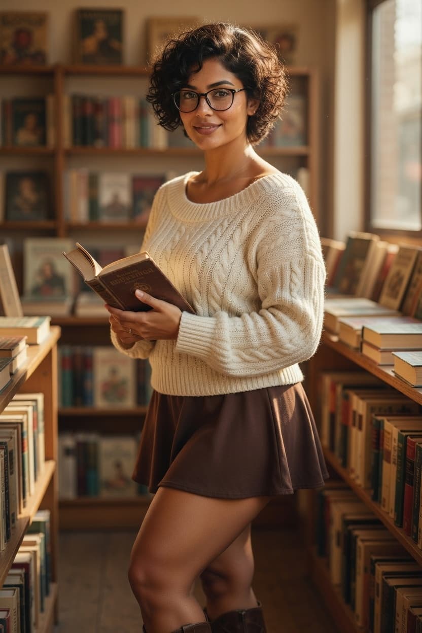 A woman with curly hair and glasses stands in a sunlit library holding an open book.