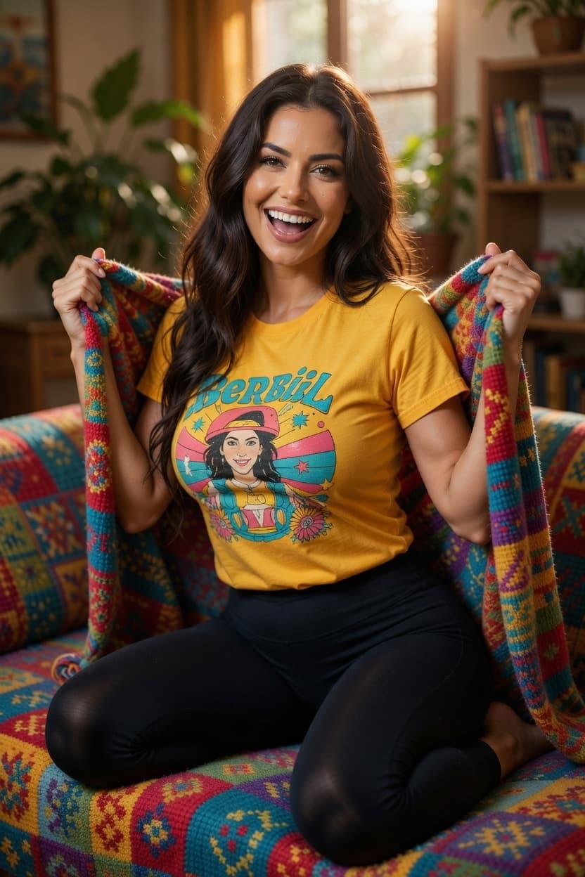 A radiant woman smiles joyfully while kneeling on a colorful patterned couch in a sunlit living room.