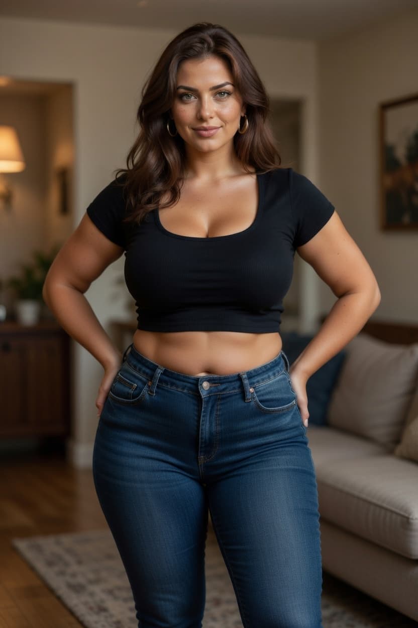 A confident woman stands with hands on hips in a cozy living room.