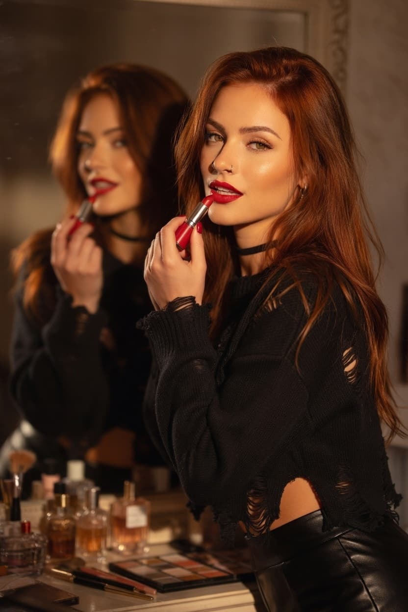 A poised woman with flowing auburn hair applies bold red lipstick while gazing confidently at her reflection.
