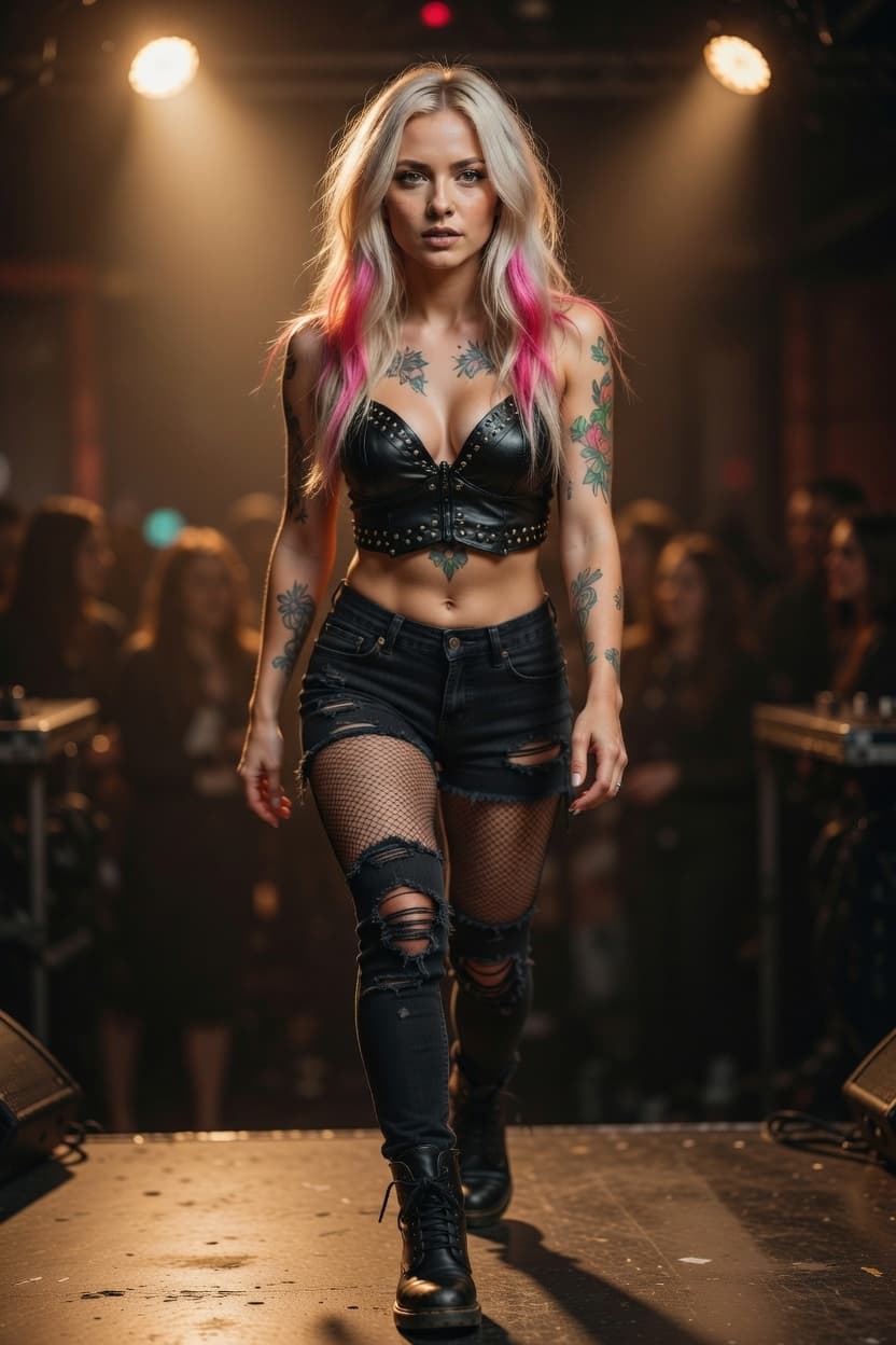 A striking woman with colorful hair and tattoos confidently walks forward on a dimly lit stage.