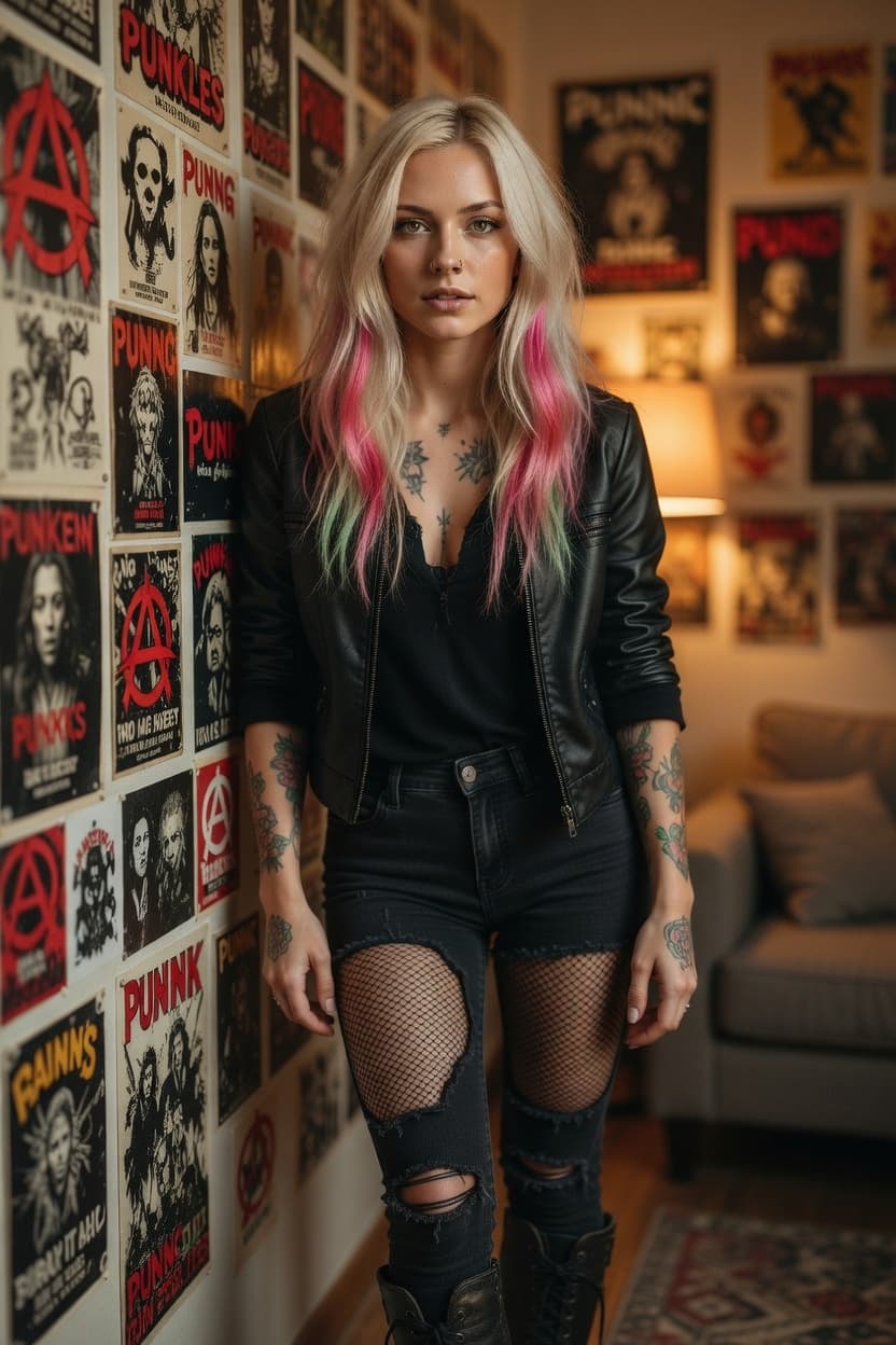 A confident woman with colorful hair stands poised in a punk-themed living room surrounded by posters.