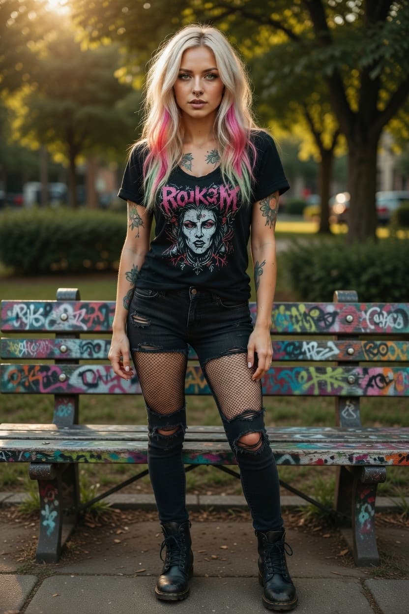 A confident young woman with colorful hair stands before a vibrant graffiti-covered bench in a sunlit park.
