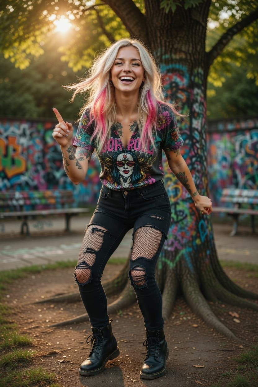 A radiant woman with pink-tipped hair laughs joyfully while striking a playful pose in a sunlit park.