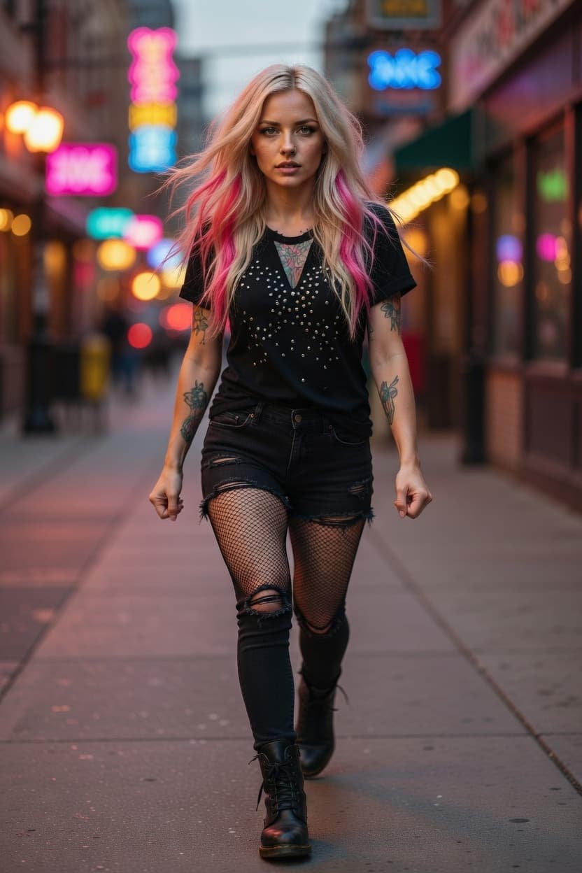 A striking woman with pink-tipped blonde hair walks confidently down a neon-lit city street at dusk.