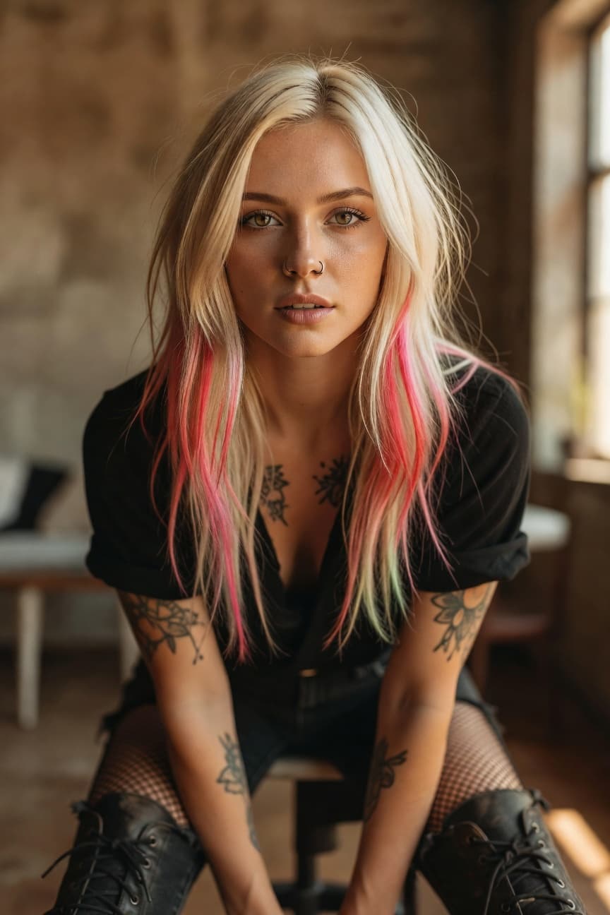 A striking woman with colorful hair and tattoos leans forward with a confident gaze.