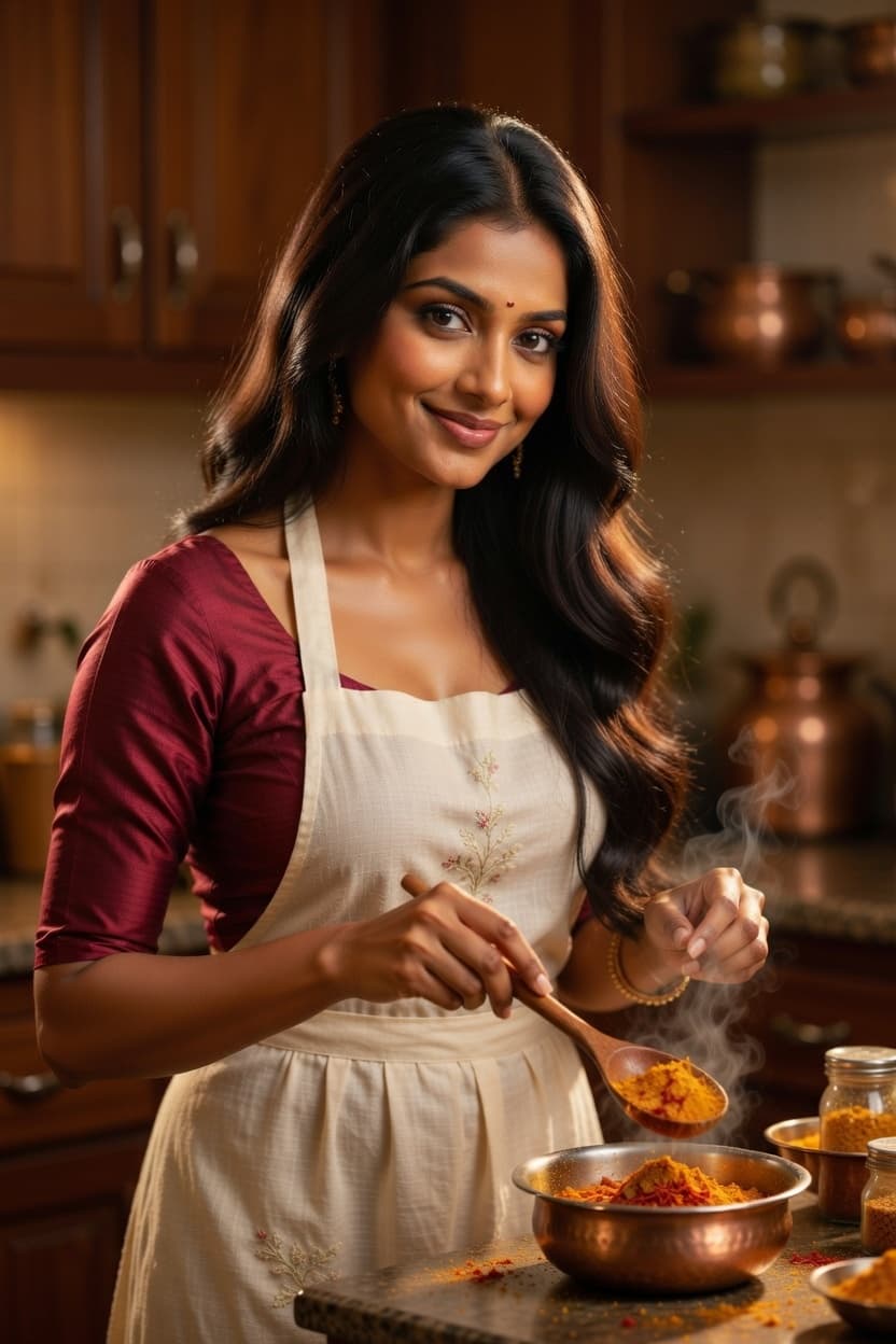 A radiant woman smiles while cooking with vibrant spices in a warm kitchen.
