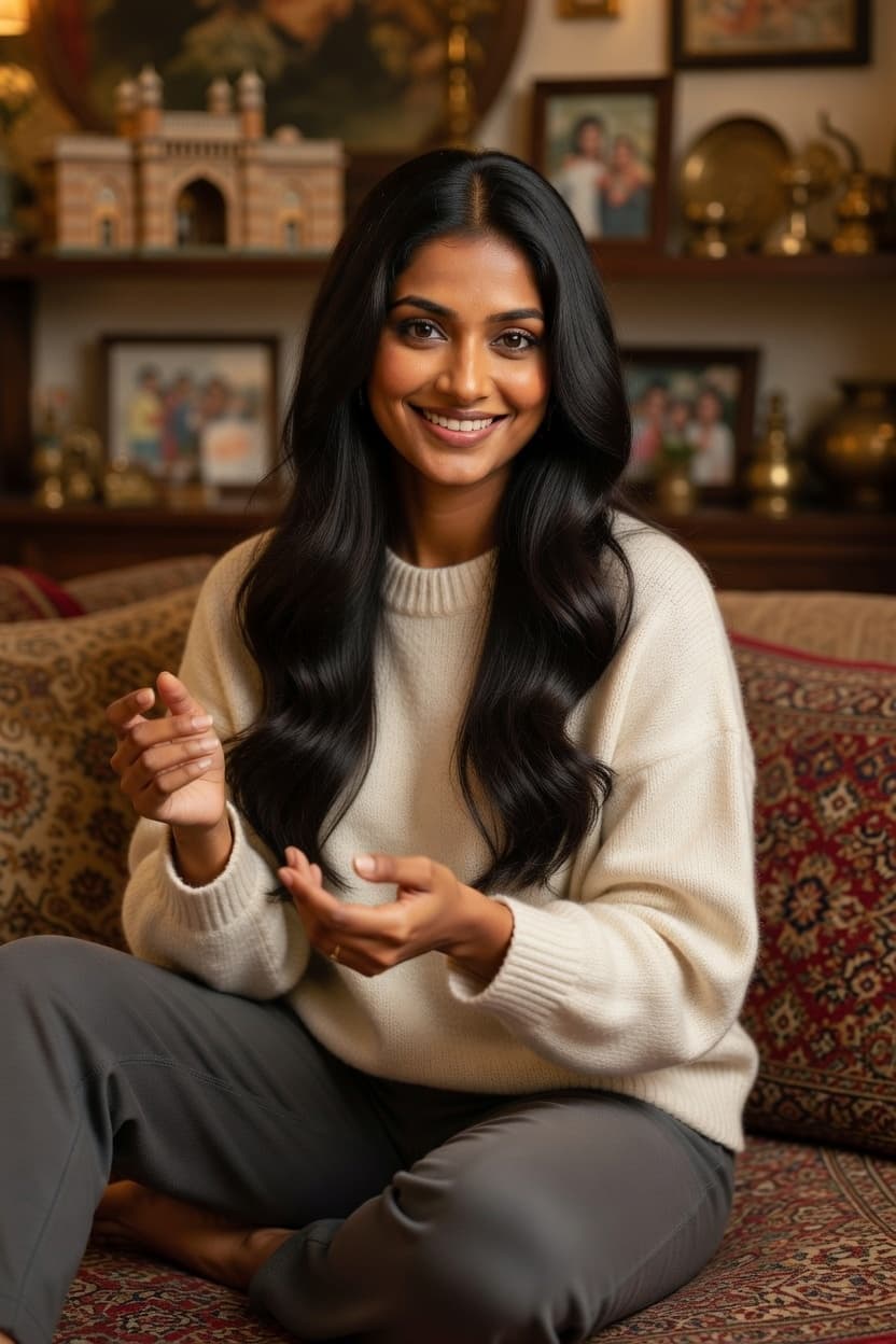 A radiant woman with long dark hair smiles warmly while sitting cross-legged on a patterned rug in a cozy living room.