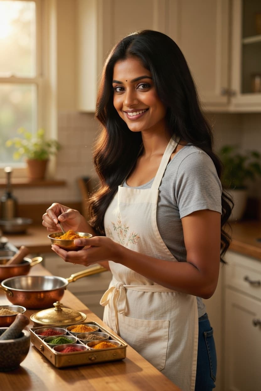 A radiant woman smiles while preparing vibrant spices in a sunlit kitchen.