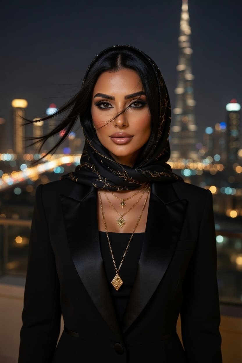 Elegant woman in black blazer and headscarf poses confidently against a glittering nighttime city skyline.