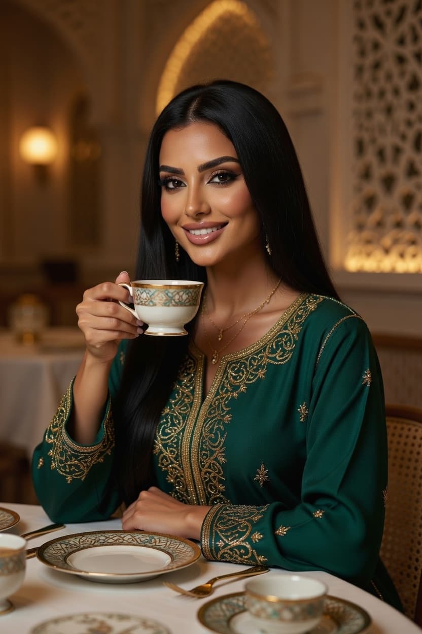 Elegant woman in emerald caftan smiles while enjoying coffee in a luxurious restaurant setting.