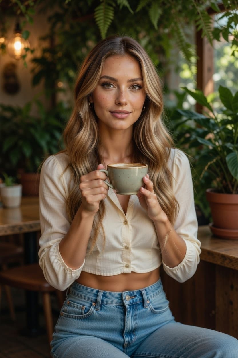 A radiant young woman sits among lush greenery holding a warm cup of coffee with a gentle smile.