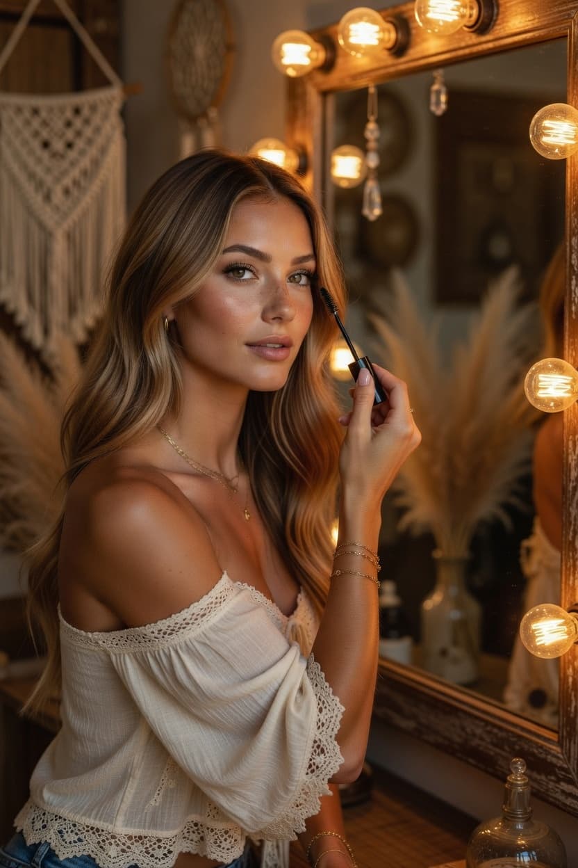 A radiant woman applies mascara in a warmly lit dressing room mirror.