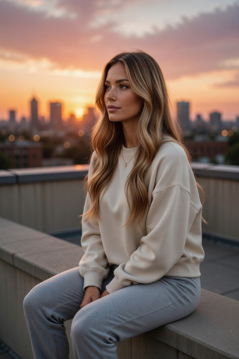 A woman sits poised on a rooftop ledge overlooking a glowing city skyline at sunset.