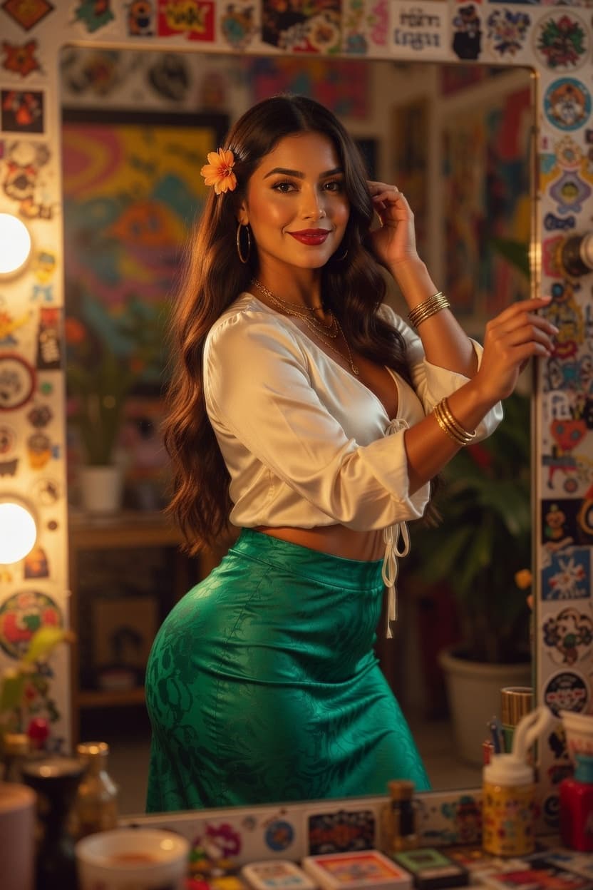 A radiant woman in a white satin crop top and emerald skirt poses confidently in a colorful dressing room adorned with stickers and lights.