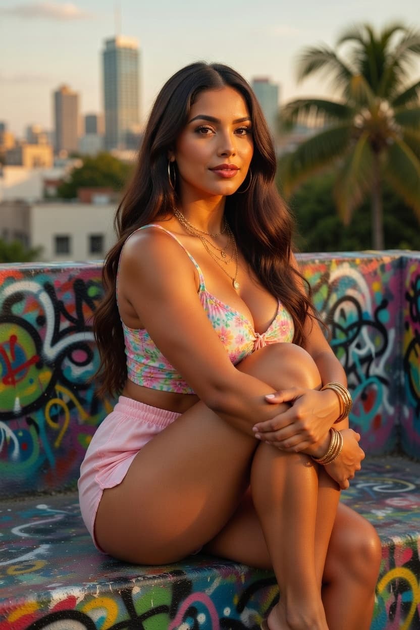 A radiant woman sits confidently on a colorful graffiti ledge overlooking the city skyline at golden hour.