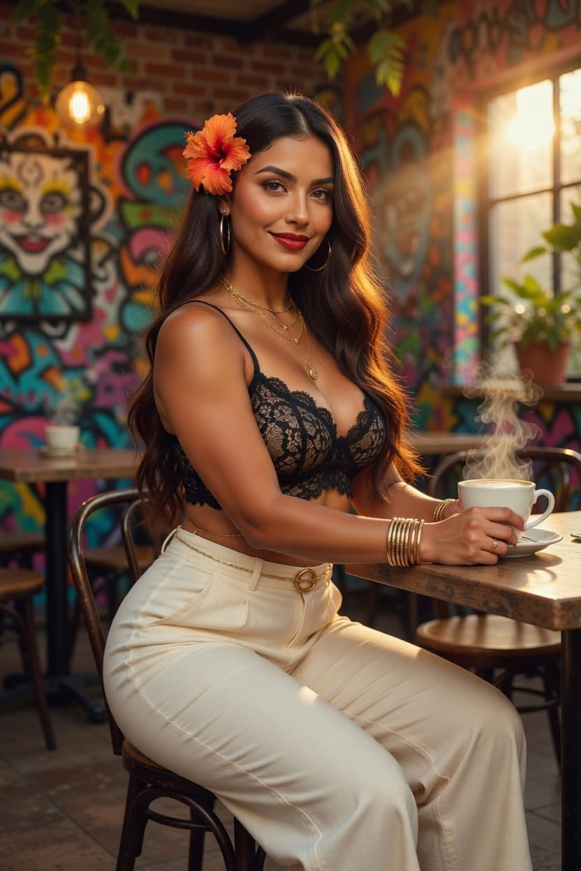 A radiant woman with a flower in her hair enjoys a steaming cup of coffee in a vibrant cafe bathed in golden sunlight.