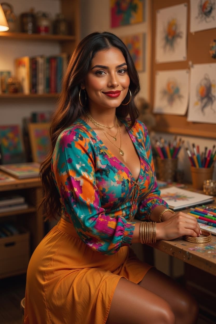 A radiant artist sits confidently at her colorful studio desk surrounded by paintings and supplies.