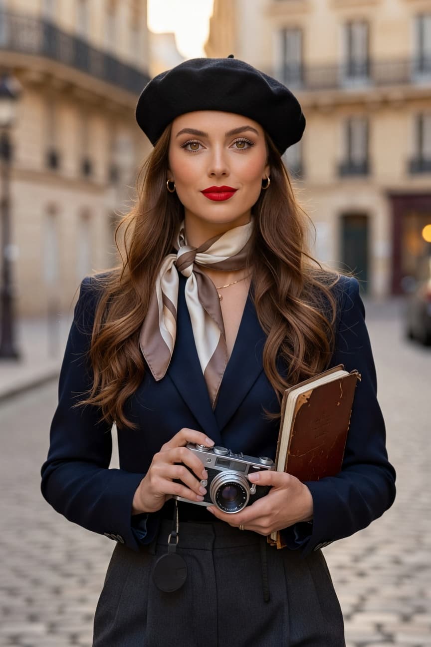 A poised woman in a chic navy blazer and beret holds a vintage camera and book on a European city street at golden hour.