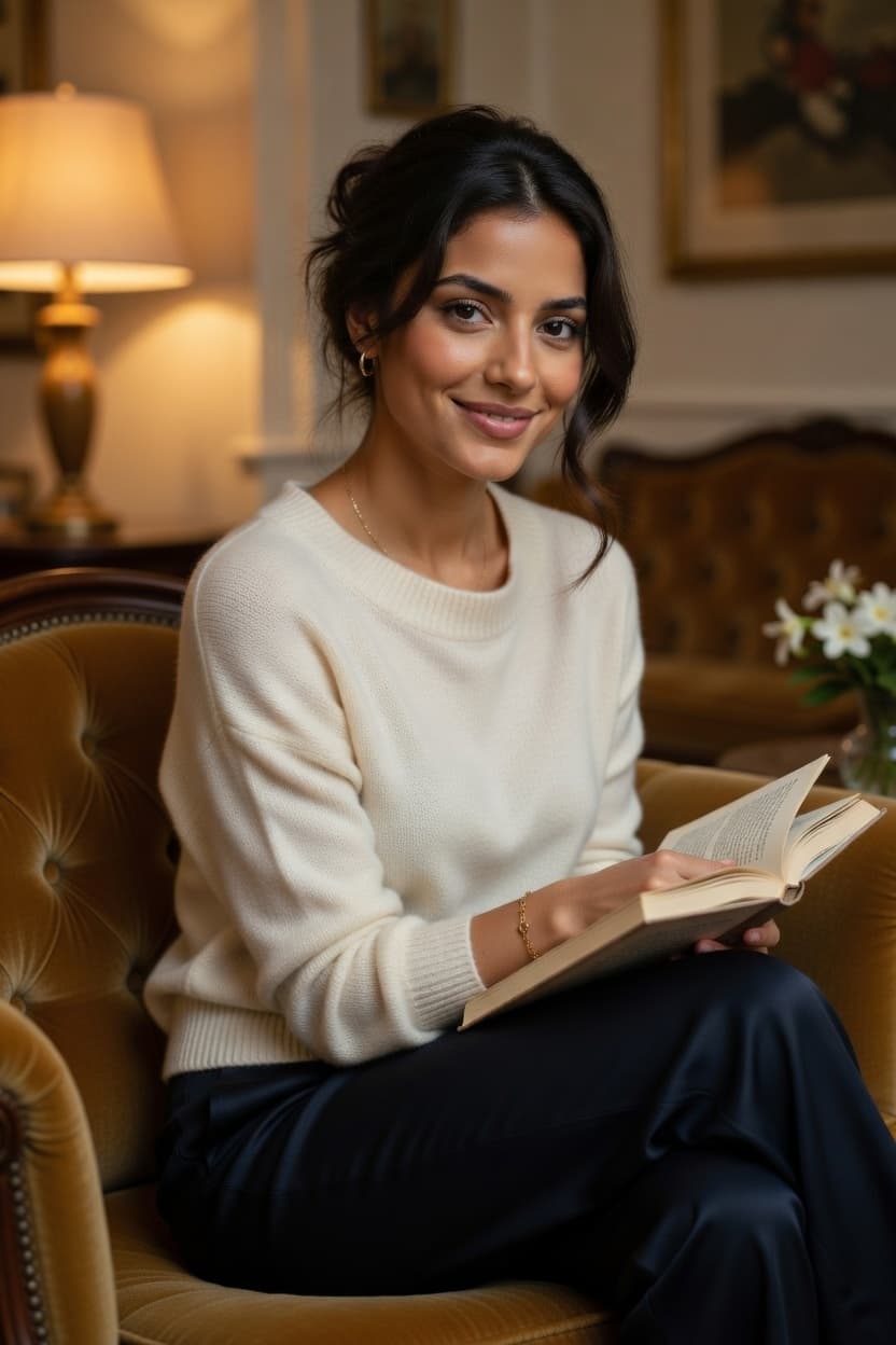 A woman relaxes in a cozy armchair while reading a book in a warmly lit room.