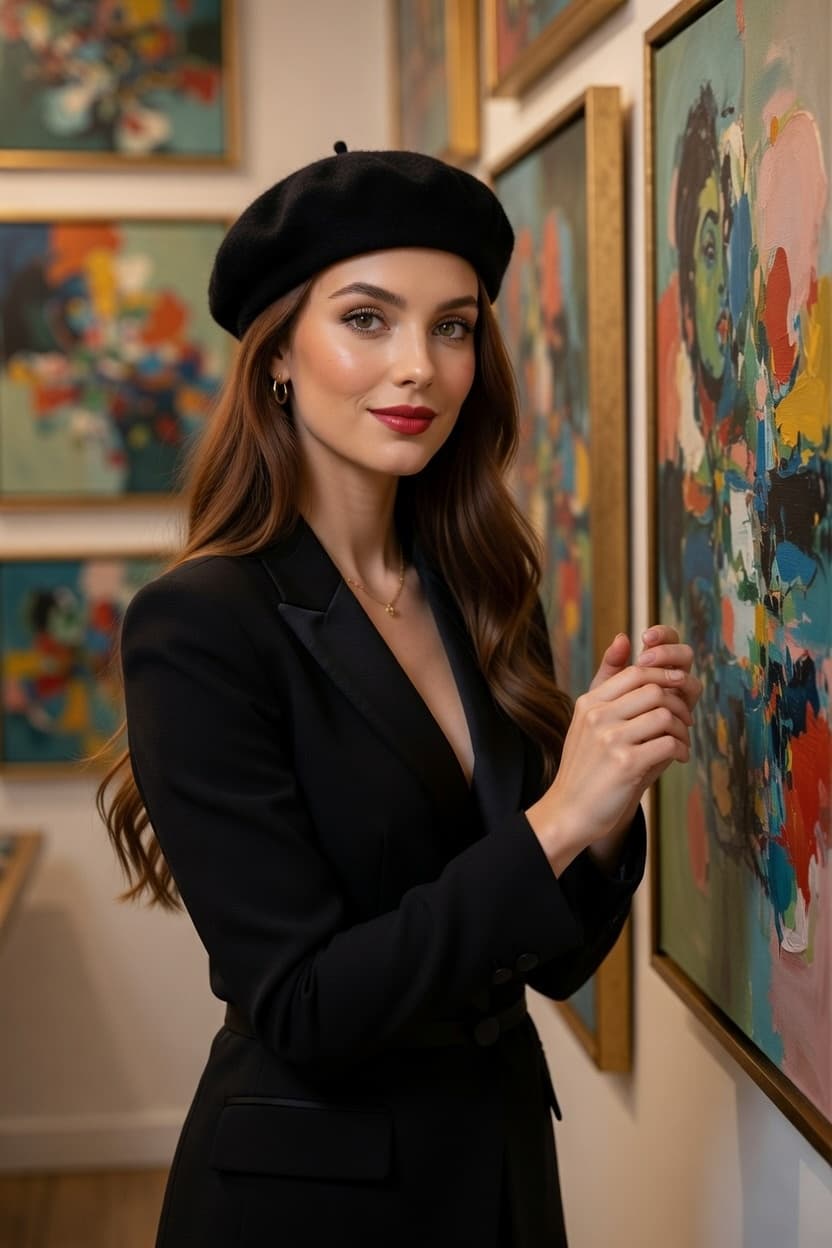 Elegant woman in black blazer and beret poses confidently in an art-filled studio.