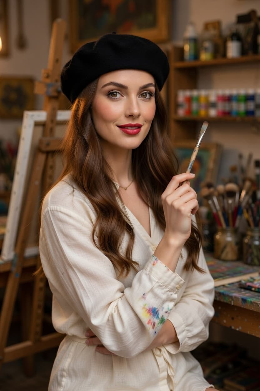 A radiant artist in a paint-splattered smock and black beret smiles playfully while holding a paintbrush in her studio.
