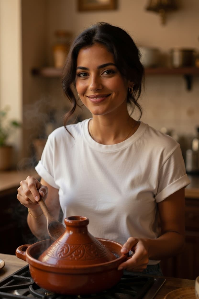 A radiant woman smiles while stirring a steaming clay pot on the stove in a cozy kitchen.