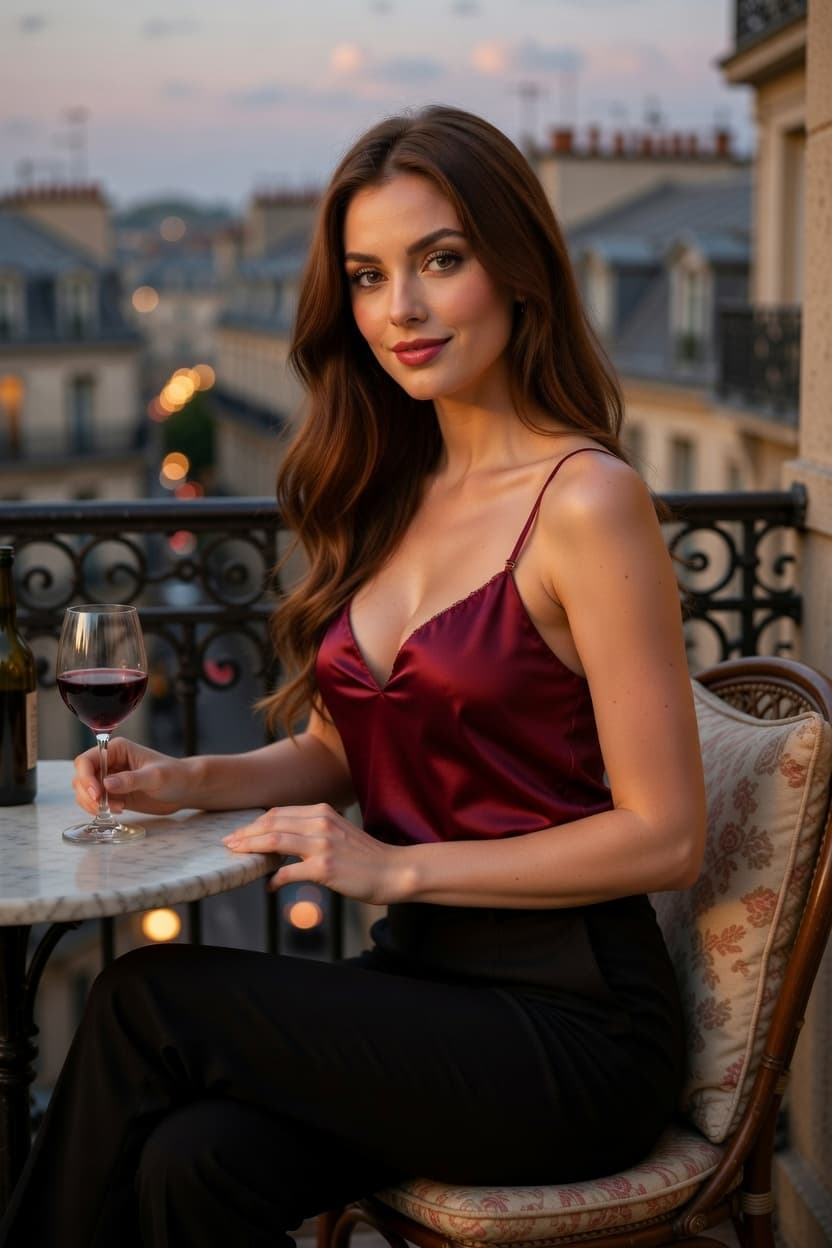 A poised woman enjoys a glass of red wine on a Parisian balcony at dusk.