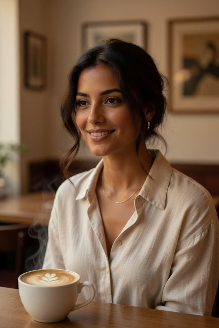 A radiant woman enjoys a morning coffee with a gentle smile in a sunlit cafe.