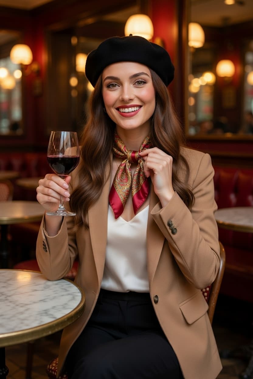 A radiant woman in a chic beret smiles while holding a glass of red wine at an elegant restaurant table.
