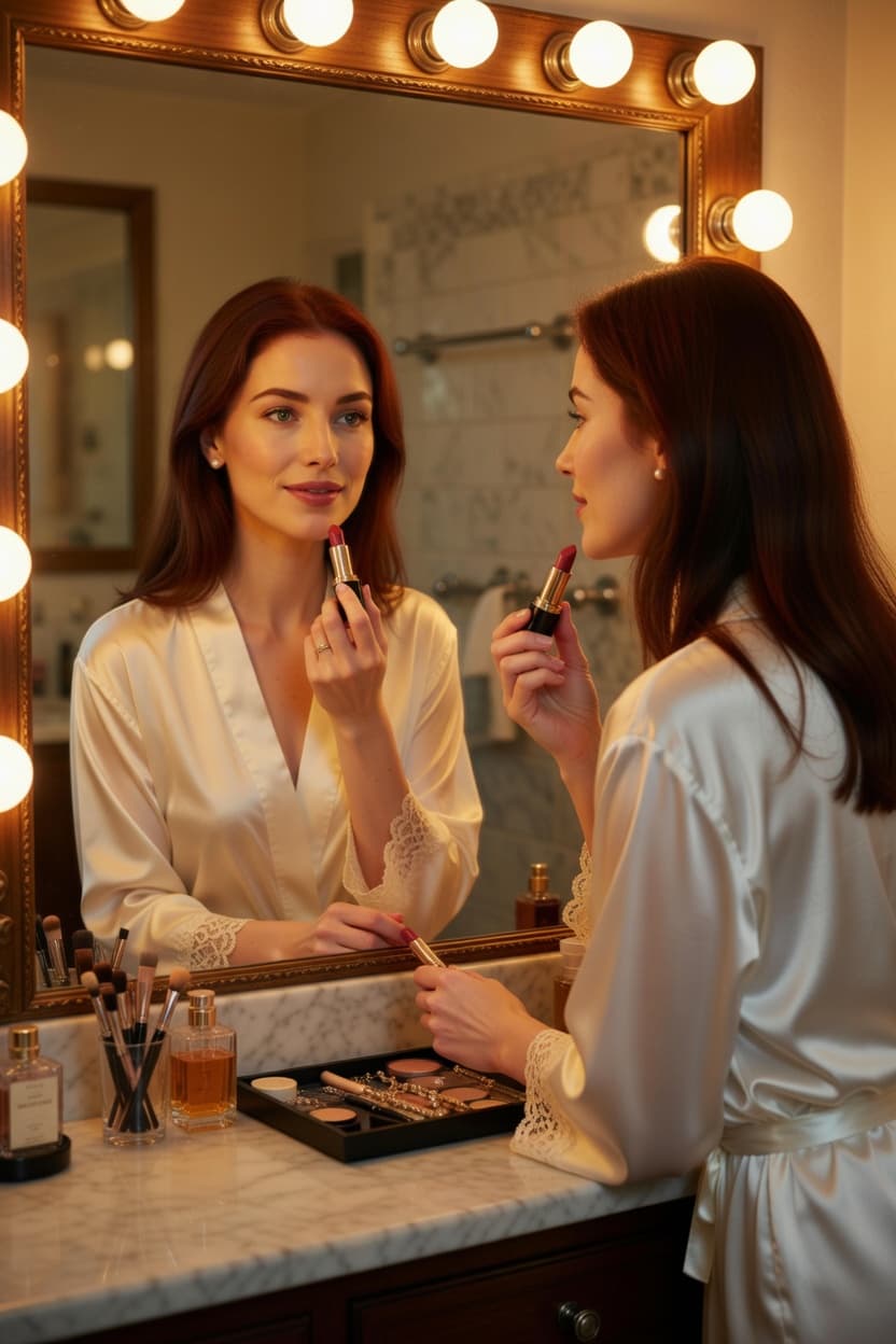 A poised woman in a silk robe applies lipstick while gazing at her reflection in a brightly lit vanity mirror.