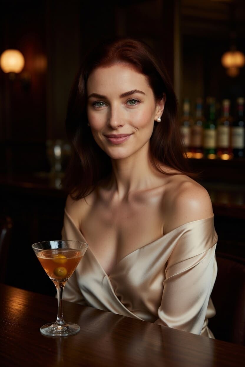Elegant woman in a satin off-shoulder dress enjoys a cocktail at a sophisticated bar.