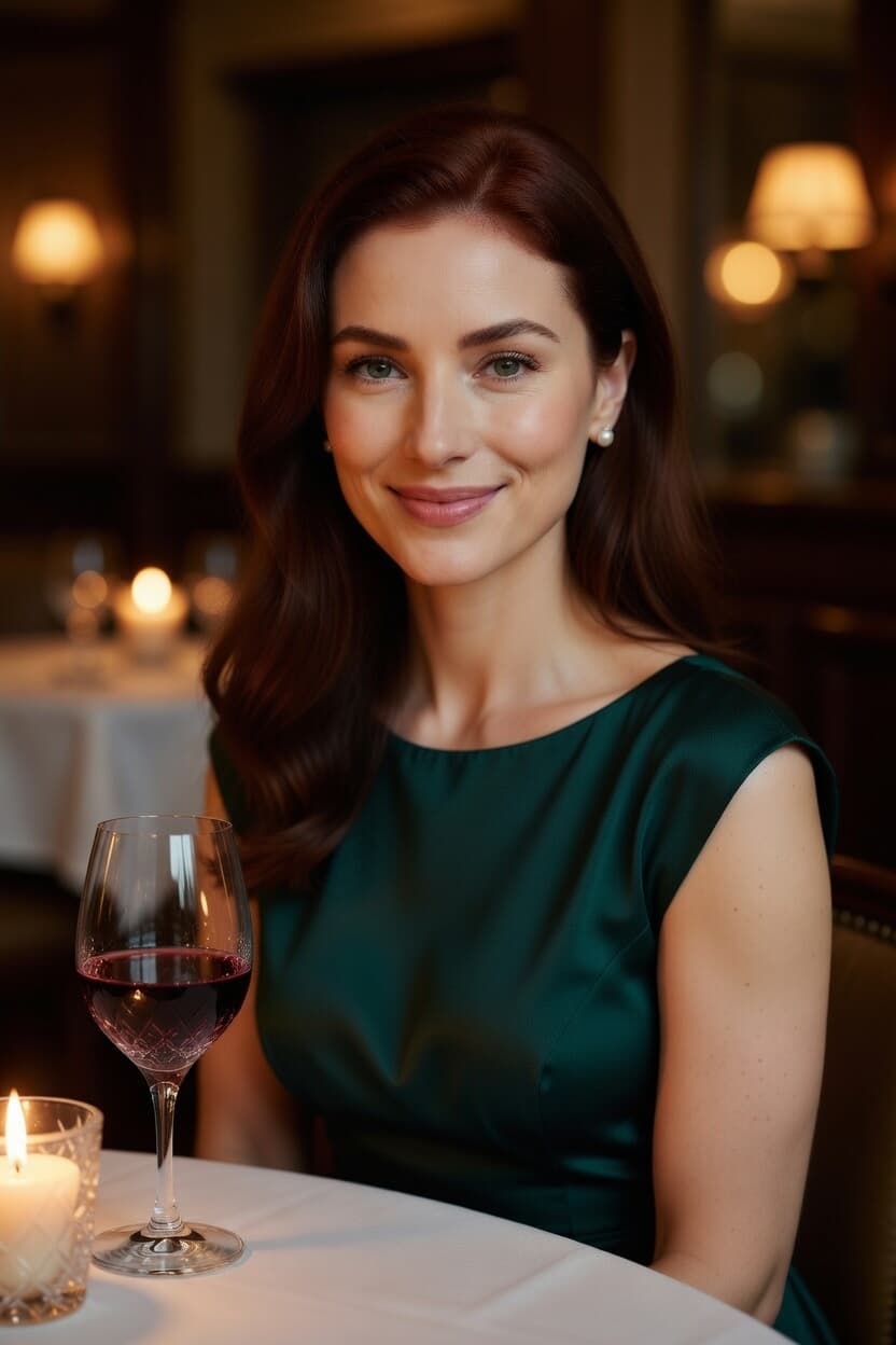 A poised woman in an emerald dress enjoys a quiet evening with a glass of red wine.