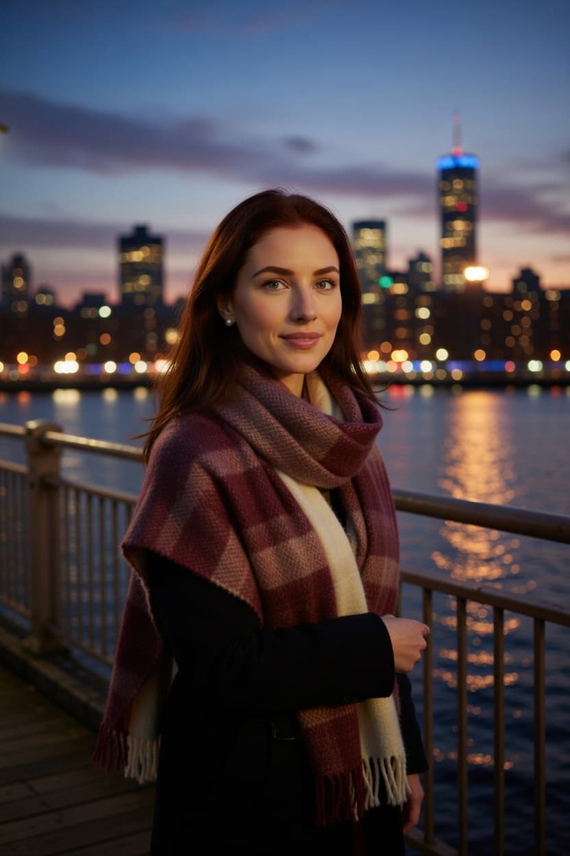 A woman in a plaid scarf stands on a waterfront promenade with the glowing city skyline behind her at dusk.