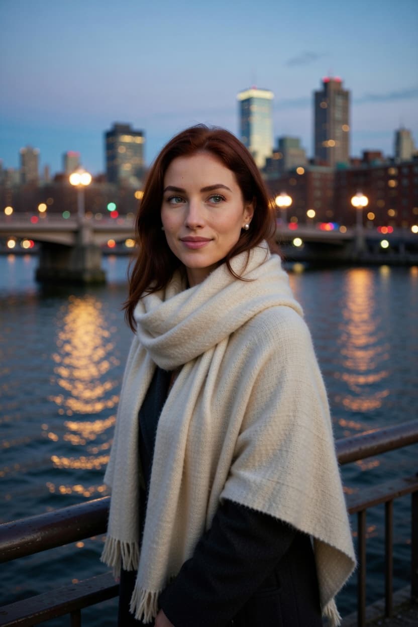 A poised woman in a cream shawl stands by the waterfront with a glowing city skyline behind her at dusk.