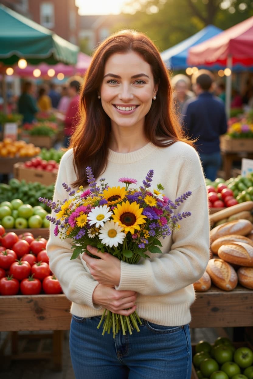 A radiant woman smiles while holding a vibrant bouquet at a bustling outdoor farmers market.