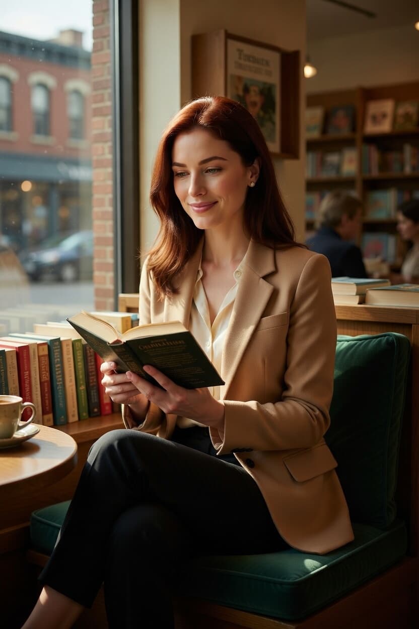 A poised woman enjoys a quiet afternoon reading by the window in a cozy bookstore cafe.