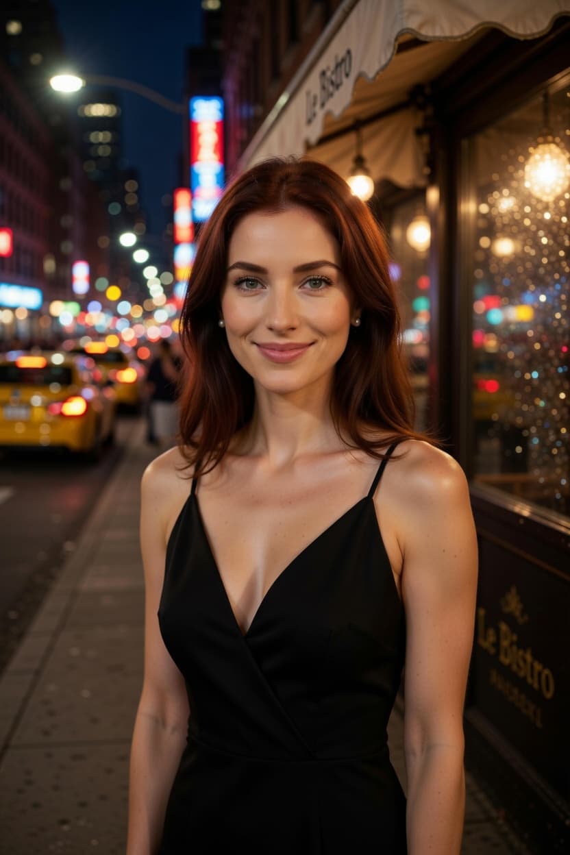 A poised woman in a sleek black dress stands on a vibrant city street at night.