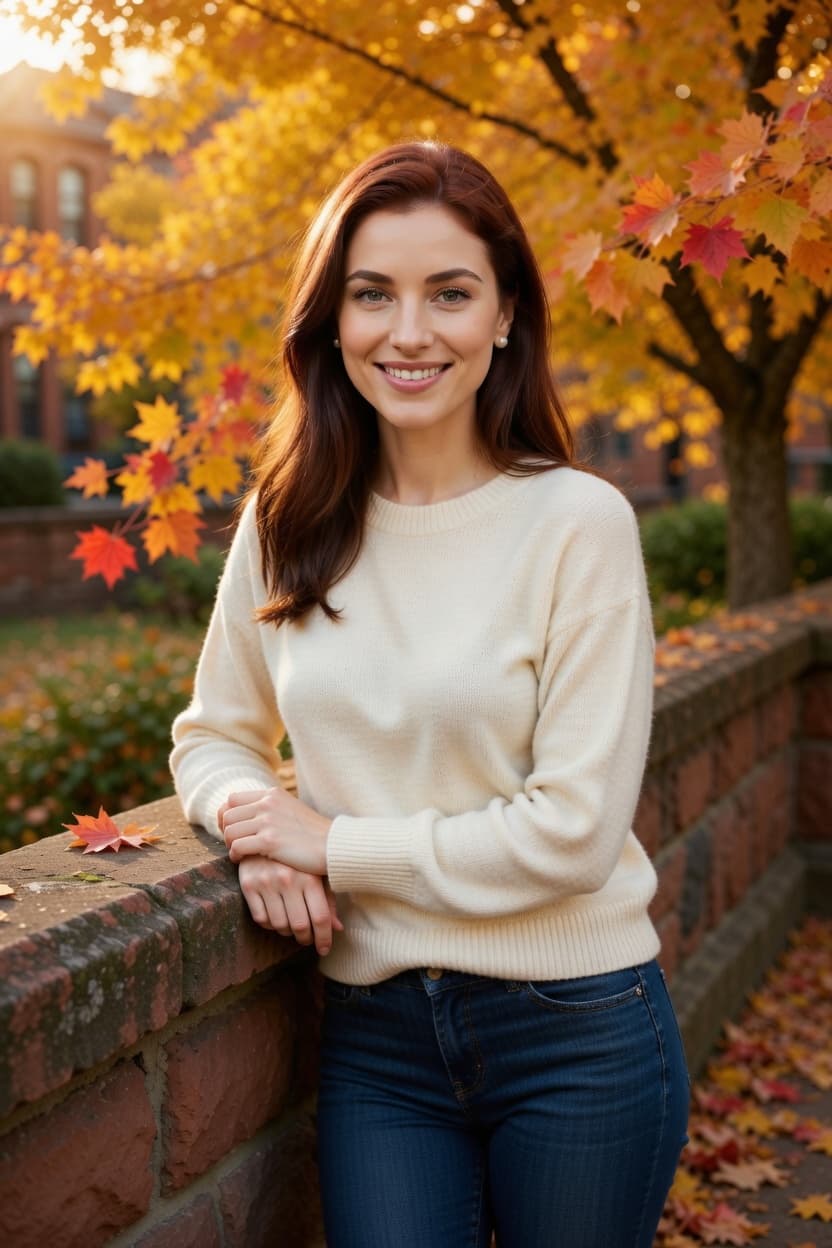 A radiant woman in a cream sweater leans against a brick wall surrounded by vibrant autumn foliage.