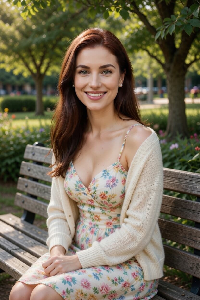 A radiant woman in a floral sundress smiles warmly while seated on a park bench surrounded by lush greenery.