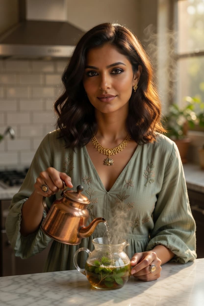 A radiant woman pours steaming tea from a copper kettle into a glass teapot in a sunlit kitchen.
