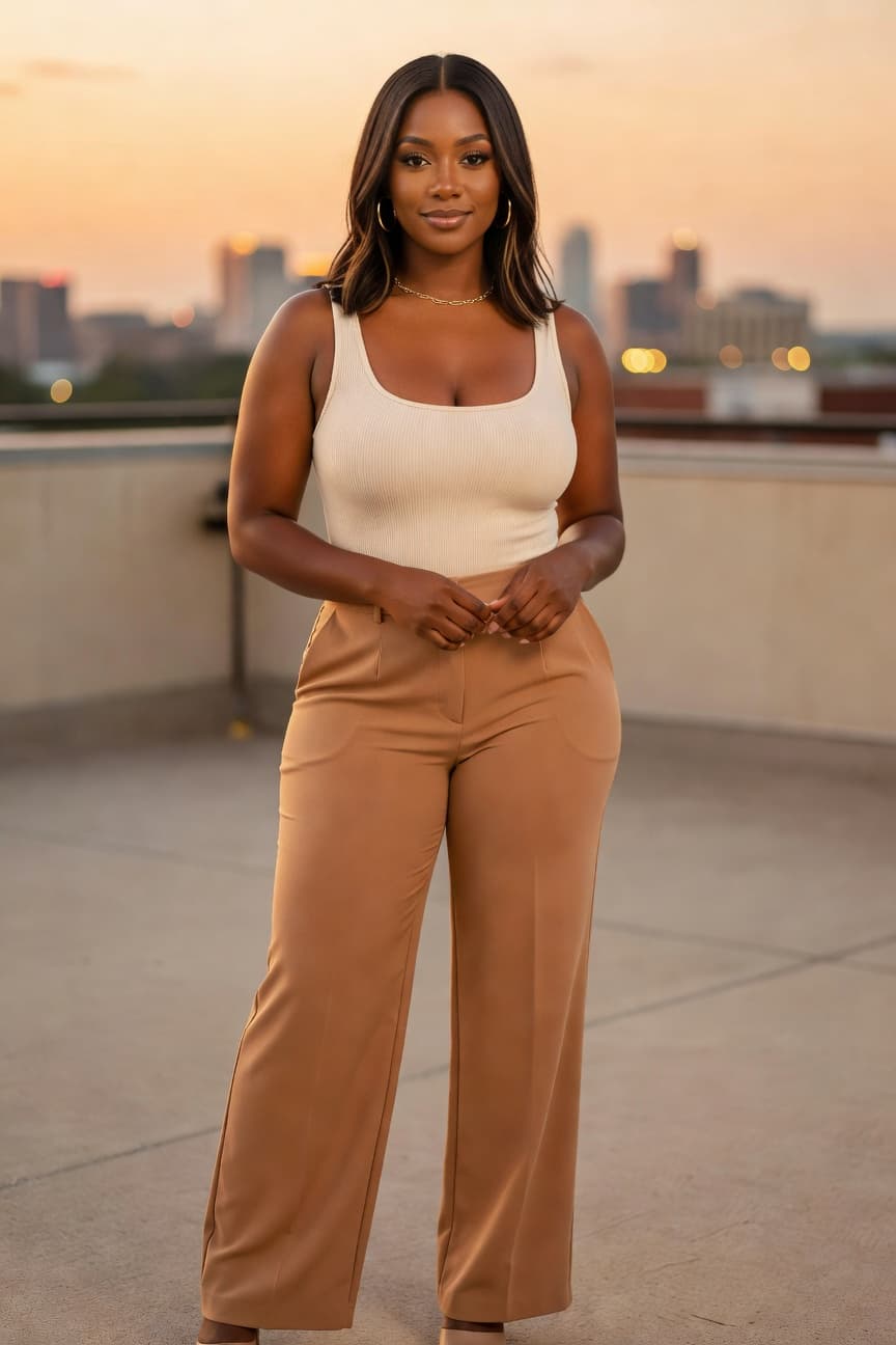 A poised woman stands on a rooftop at golden hour with a city skyline behind her.