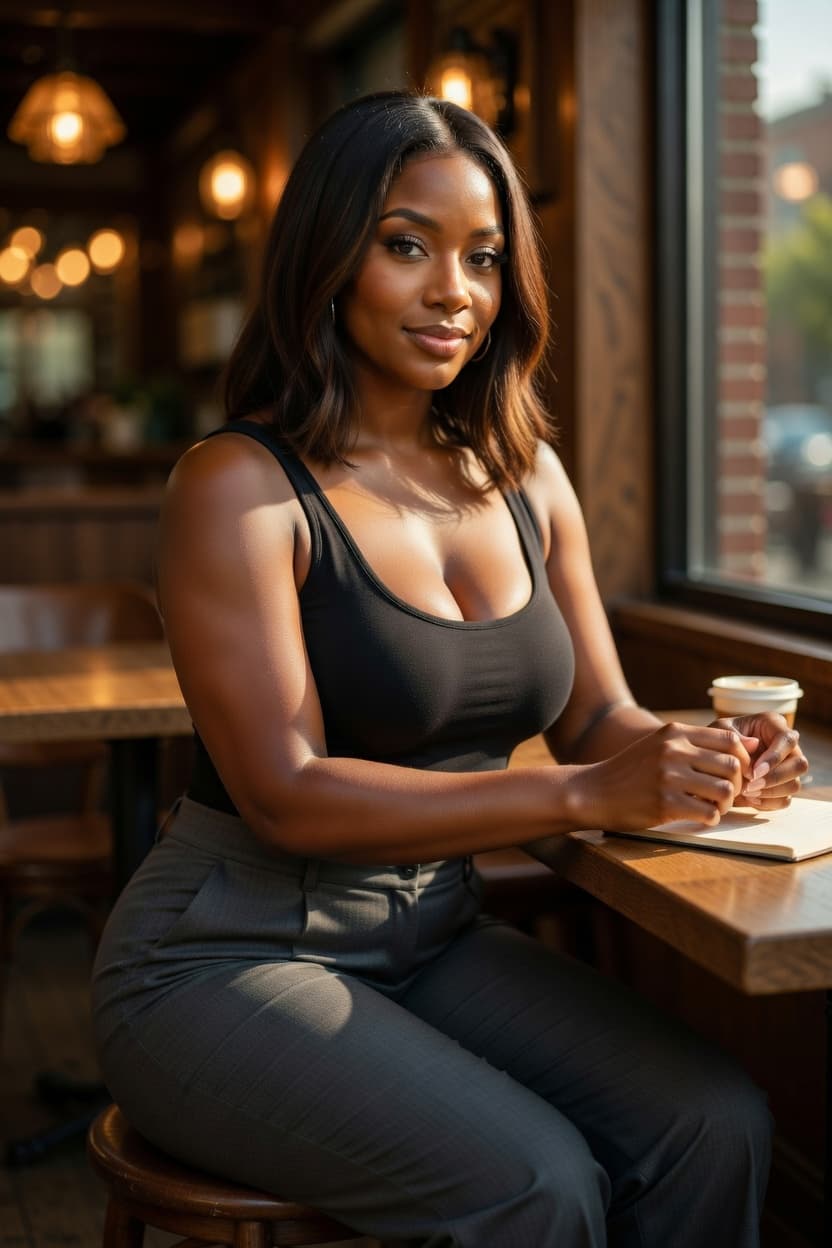 A poised woman enjoys a quiet moment with coffee at a sunlit cafe table.