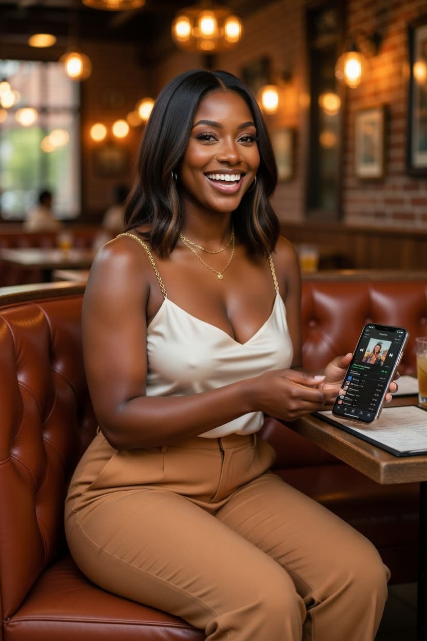 A radiant woman smiles while checking her phone at a cozy restaurant table.
