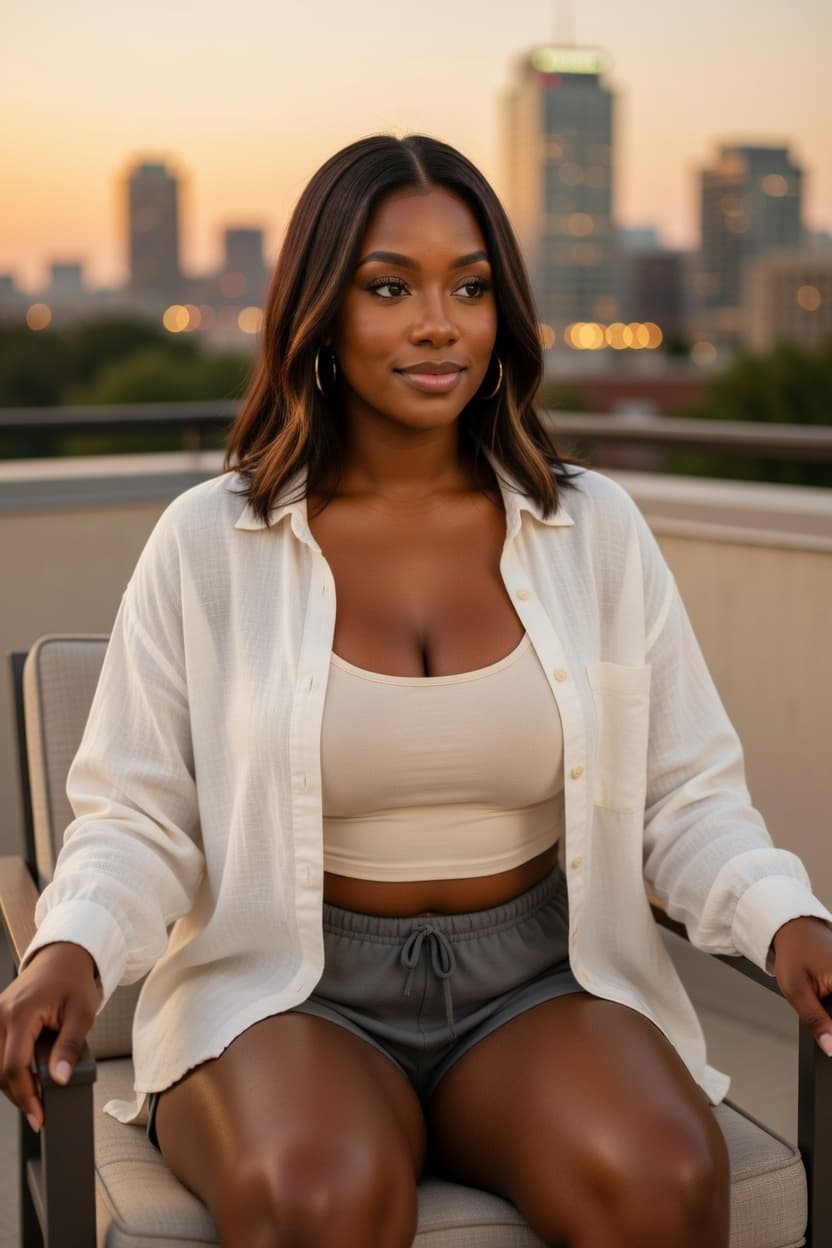 A poised woman sits on a rooftop terrace overlooking the glowing city skyline at sunset.